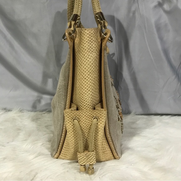 Super Rare Michael Kors Skorpios Beaded Genuine Linen Embossed Tote Bag EUC - Picture 10 of 16